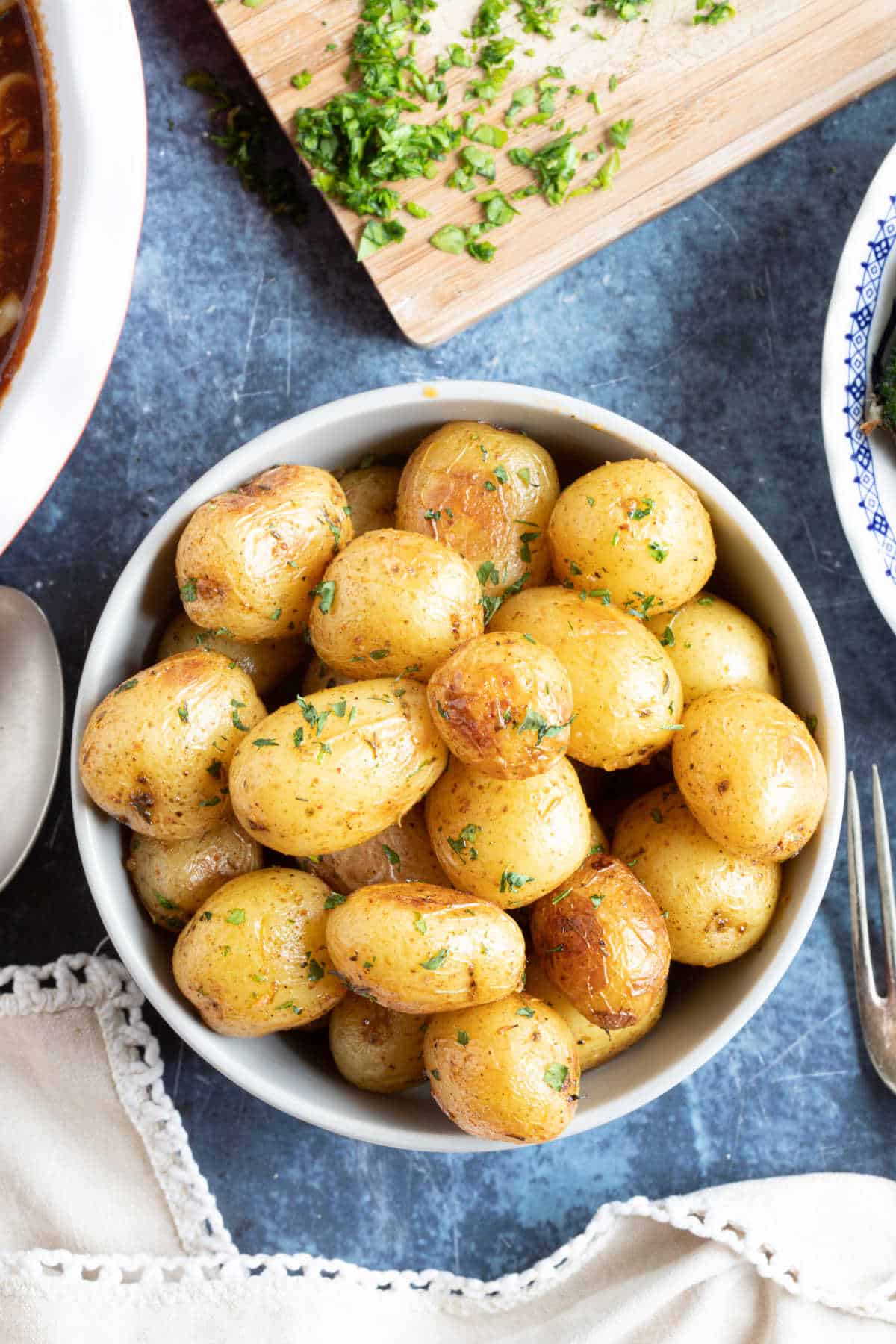 Mini roast potatoes.