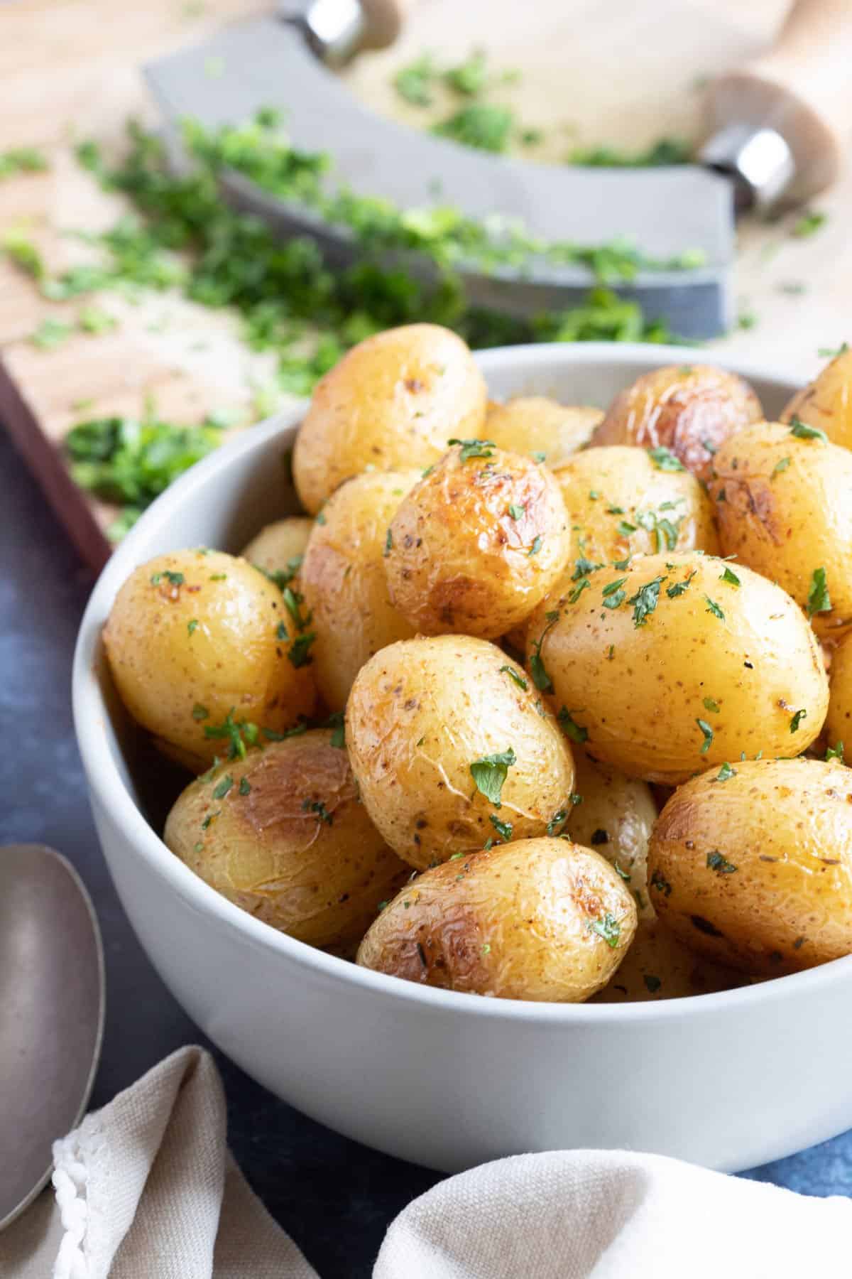 Oven roasted baby potatoes with herbs.