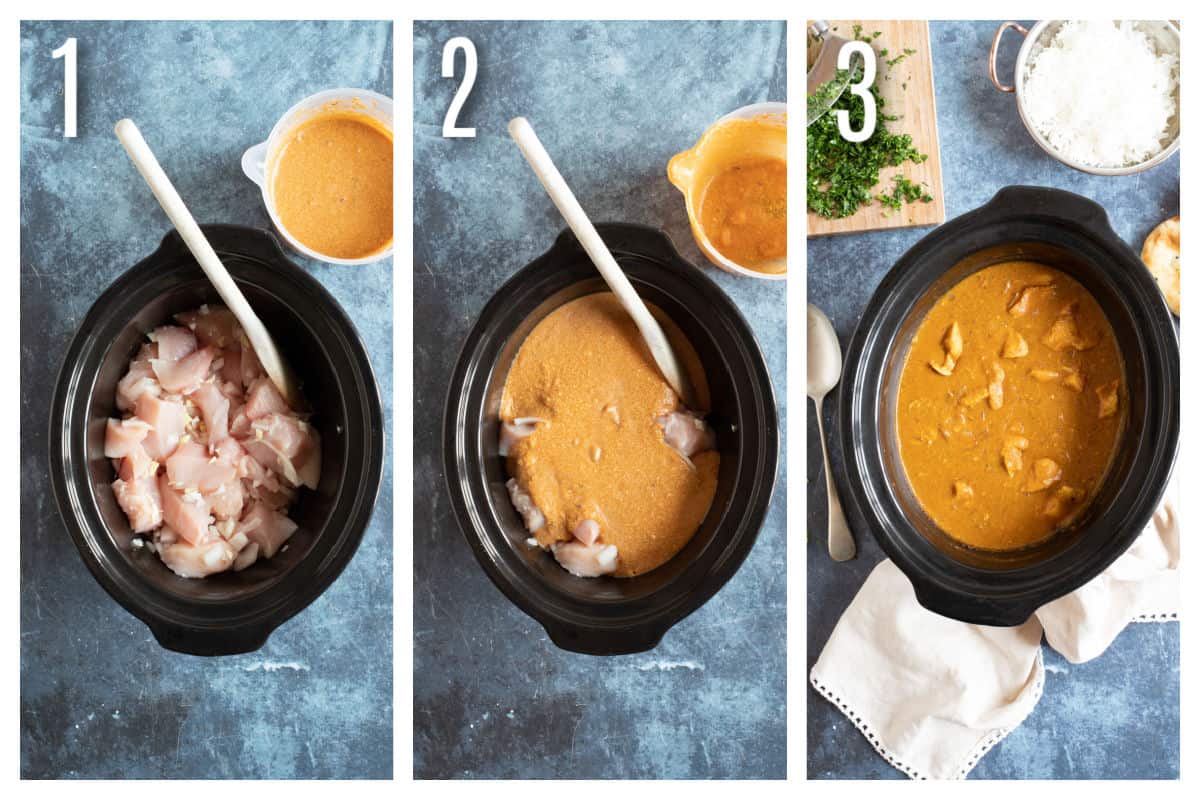 Step by step photo instructions for making slow cooker chicken curry.