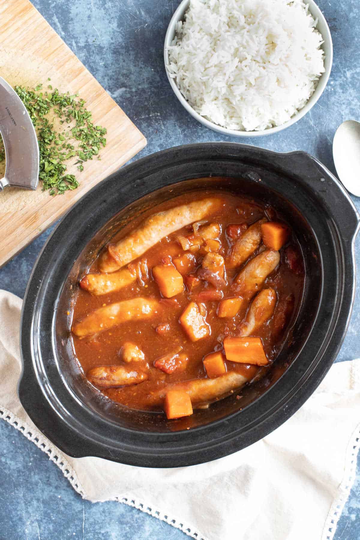 Sausage casserole in a slow cooker.