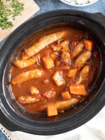 Sausage casserole in a slow cooker.