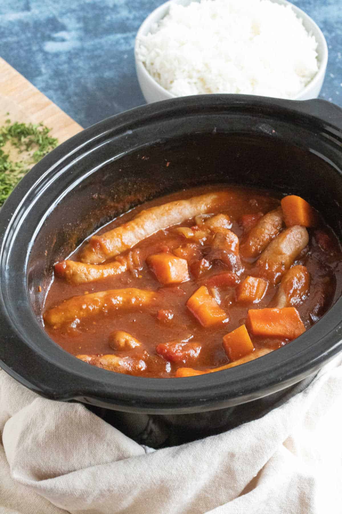 Slow cooker sausage and sweet potato casserole with rice.