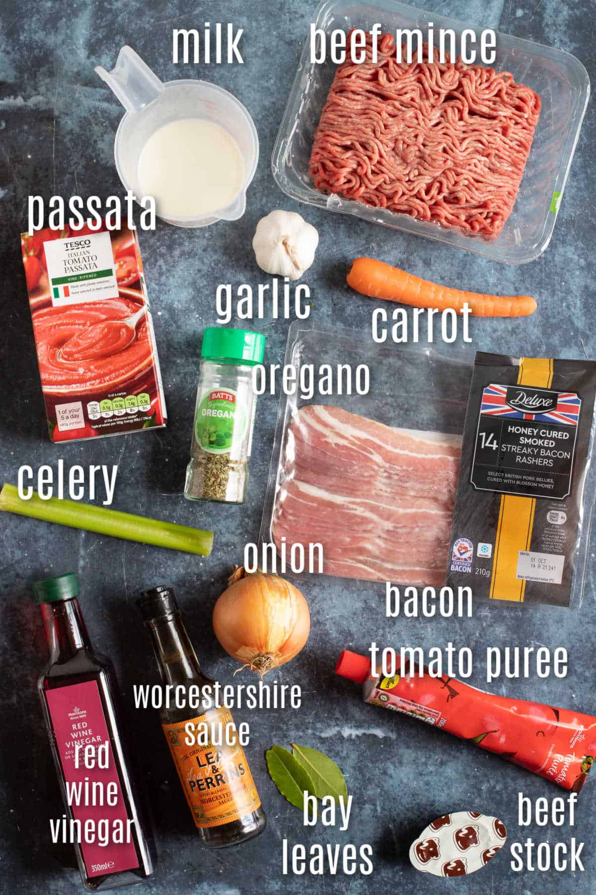 Ingredients needed to make bolognese in a slow cooker.
