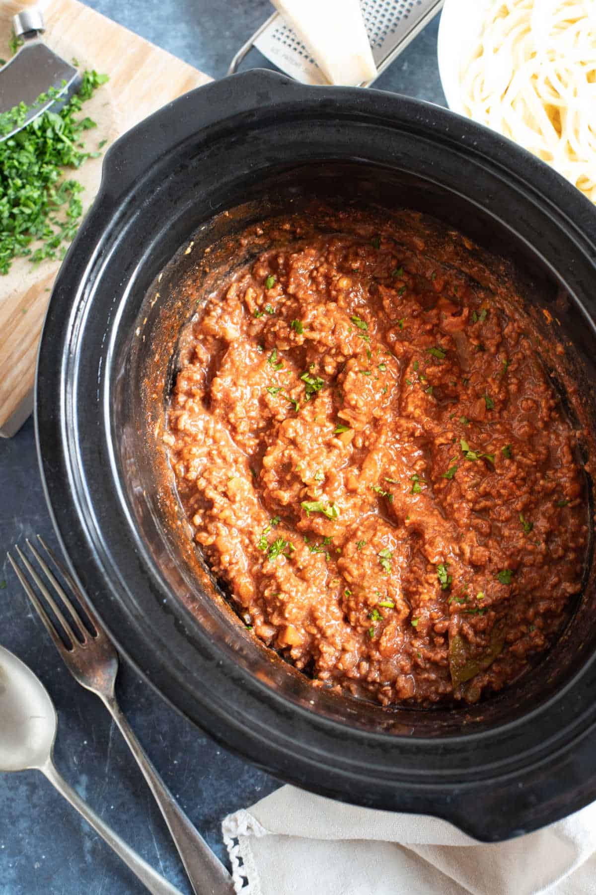 Slow cooker bolognese in a slow cooker.