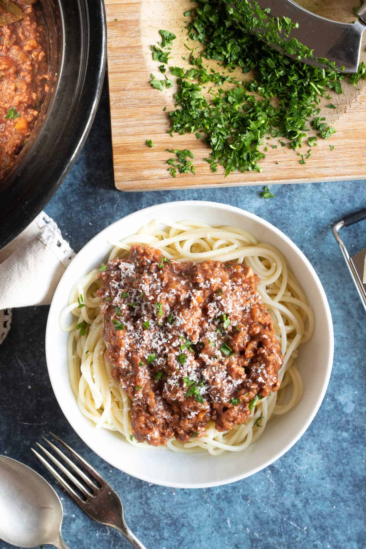 A bowl of slow cooker spaghetti bolognese.