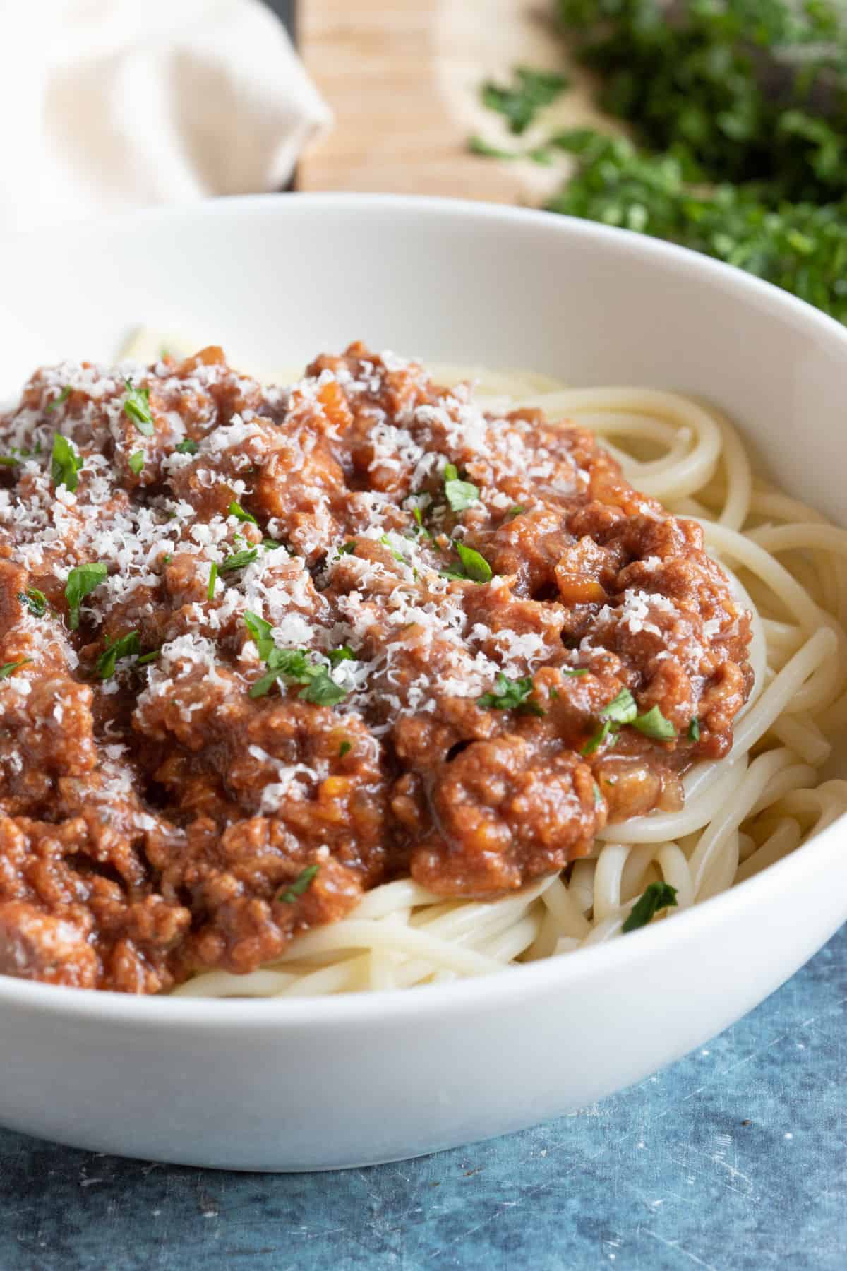A bowl of slow cooker bolognese.