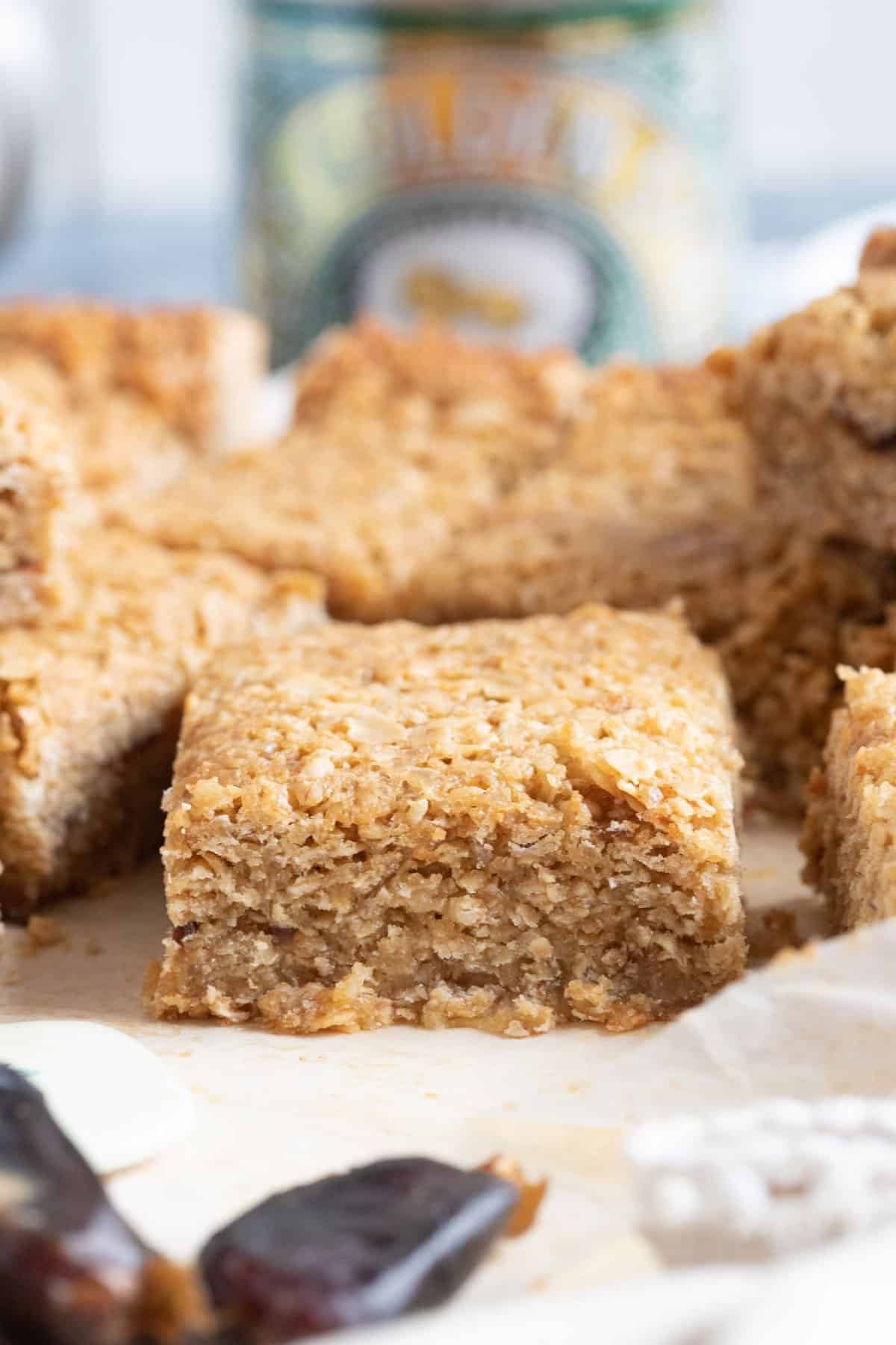 Sticky date flapjack cut into slices.