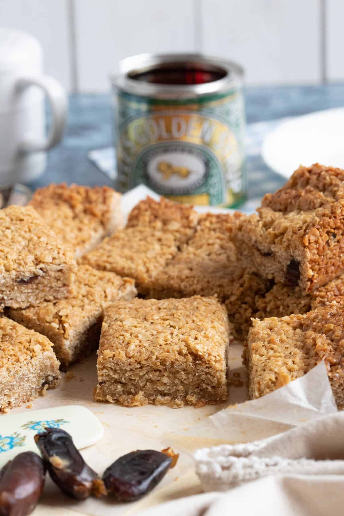 Sticky date flapjacks cut into bars.