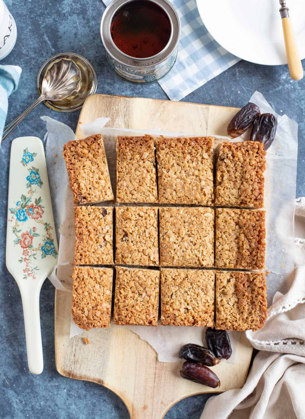 Date flapjacks cut into bars.