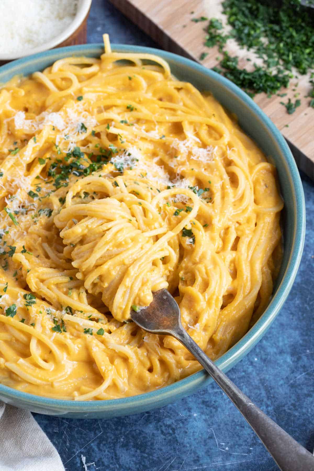 A bowl of creamy sweet potato pasta.