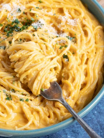 A bowl of creamy sweet potato pasta.