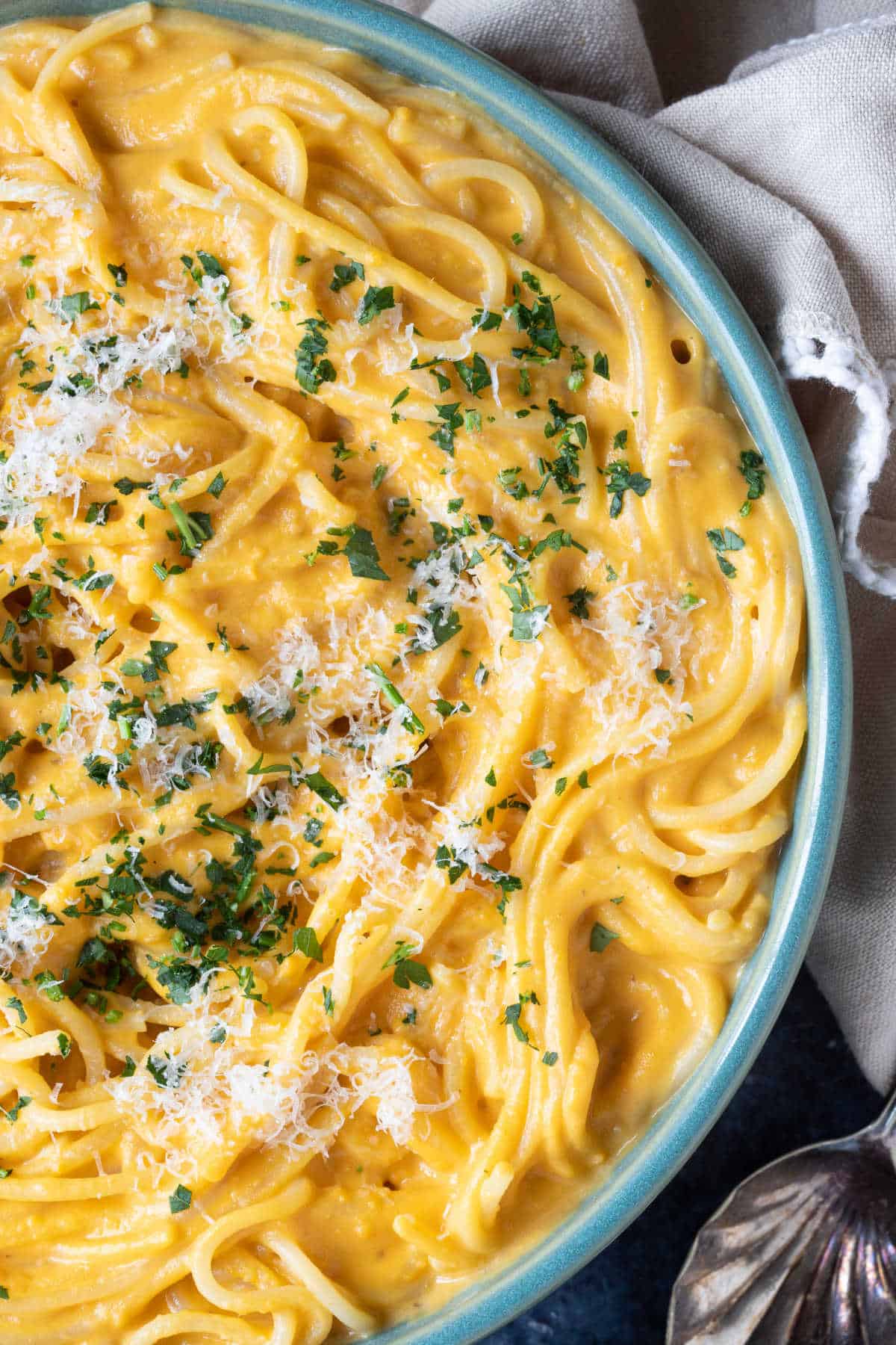 A bowl of creamy sweet potato pasta.