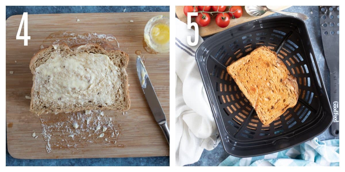 Cheese toastie in air fryer basket.