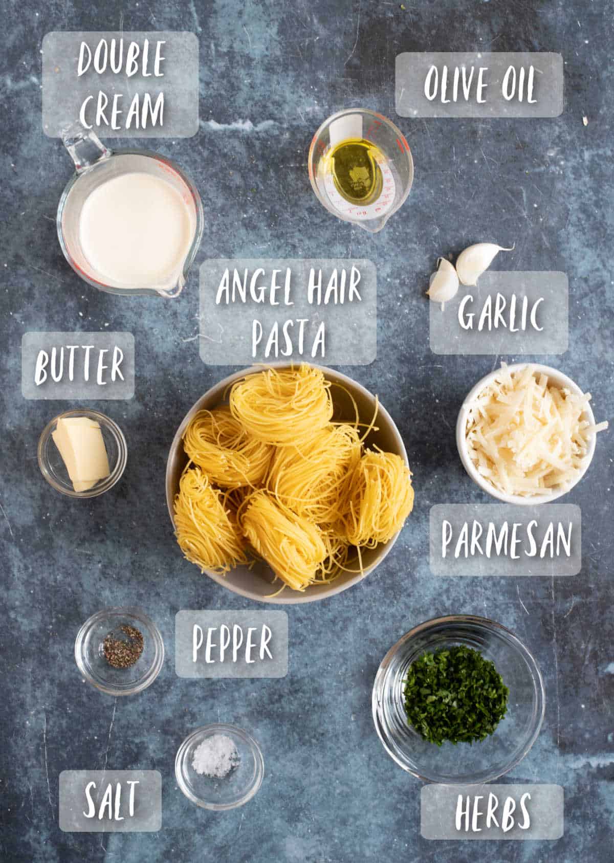 Ingredients for angel hair pasta recipe.
