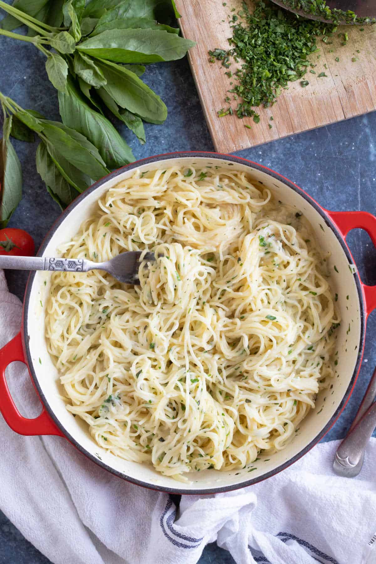 Angel hair pasta with garlic and herbs.