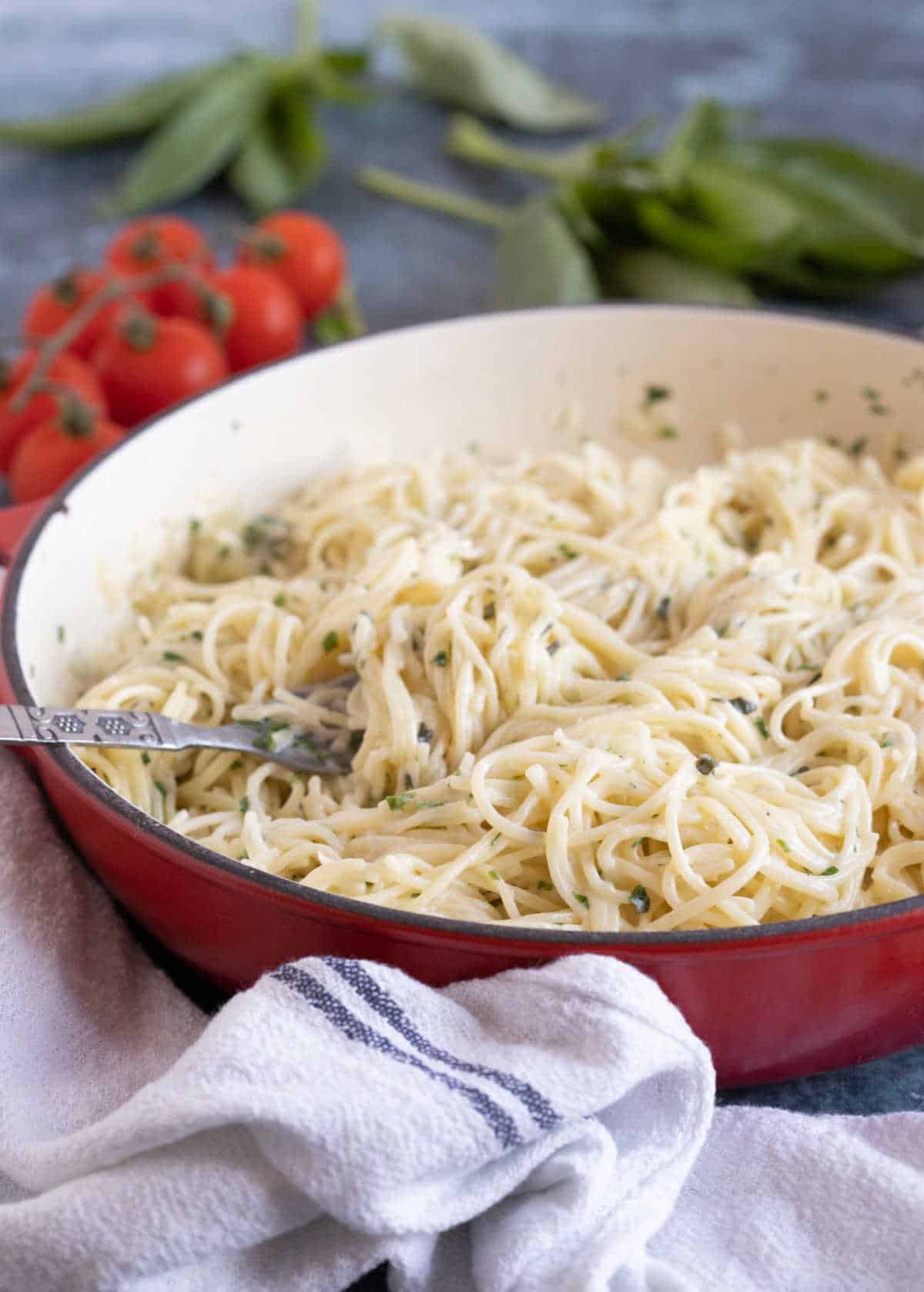 A pan of angel hair pasta.