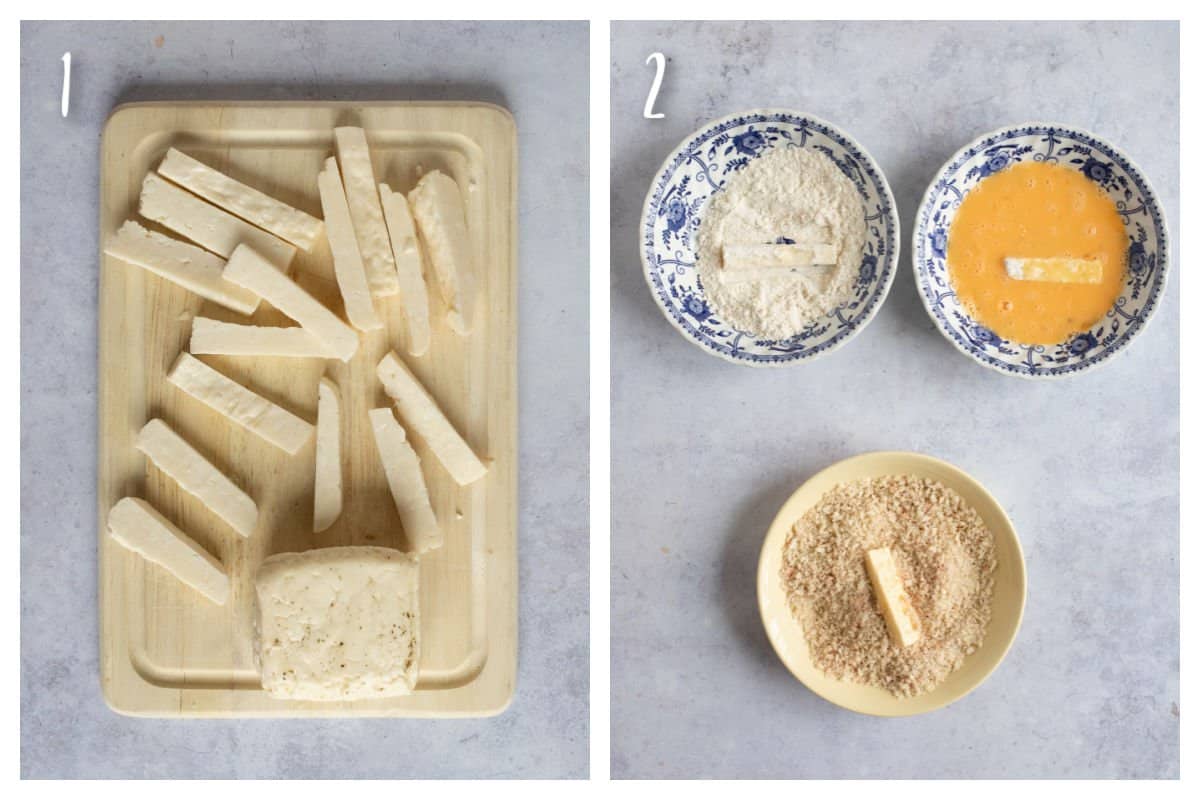 Coating halloumi fries in beaten egg and breadcrumbs.