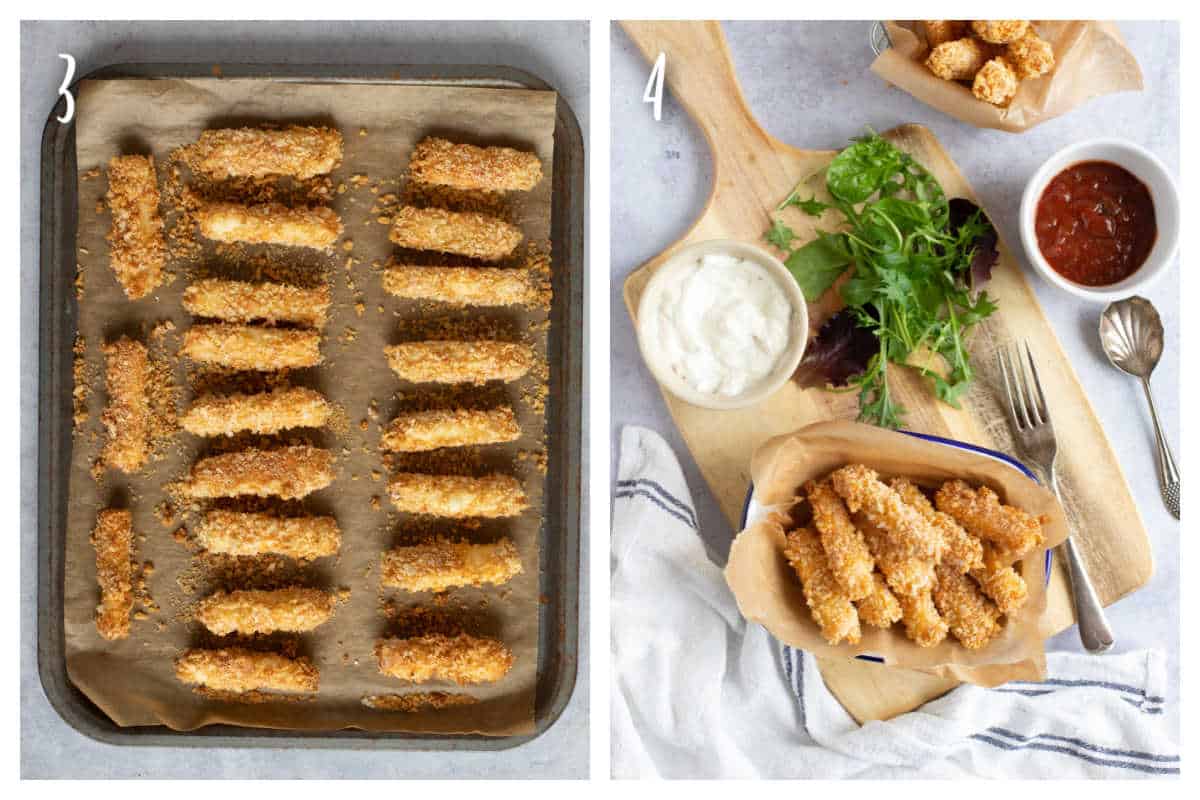 Oven baked halloumi fries on a baking sheet.