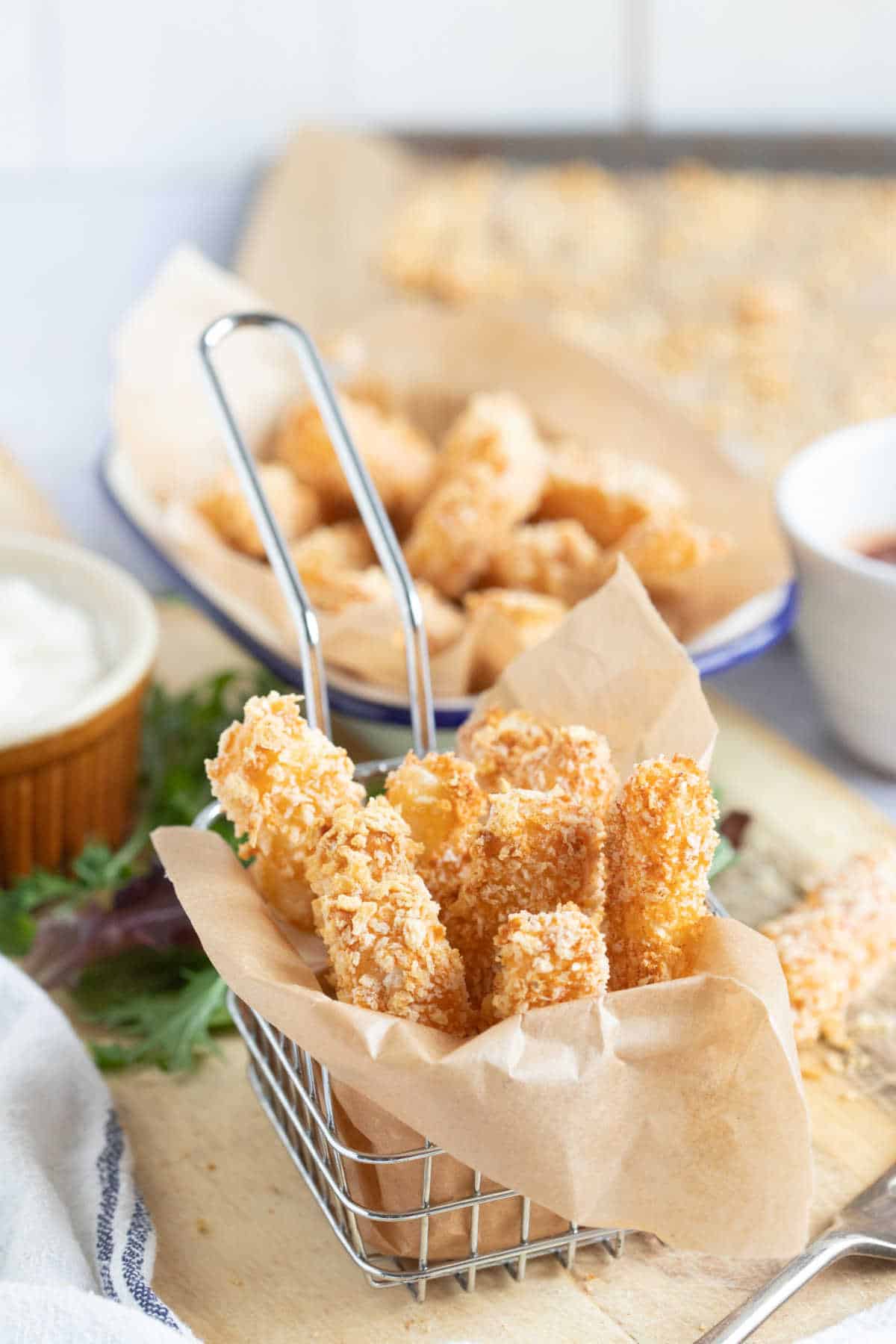 Halloumi fries served in a basket.