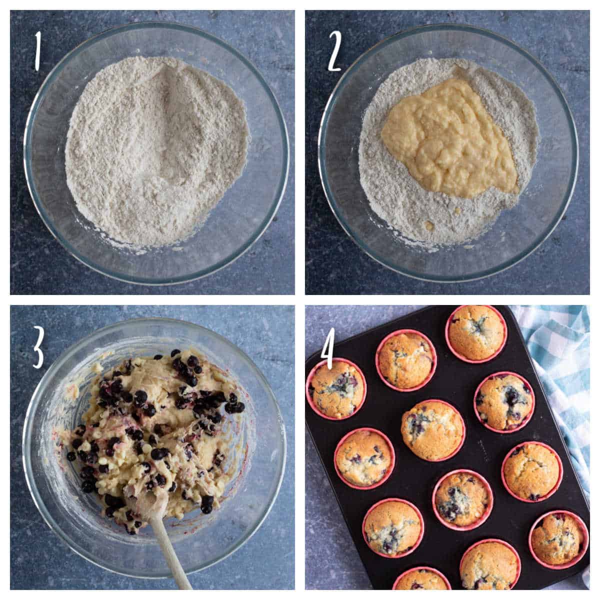 Step by step photo instructions for making blackcurrant muffins.