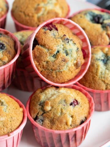 Blackcurrant muffins on a cake stand.