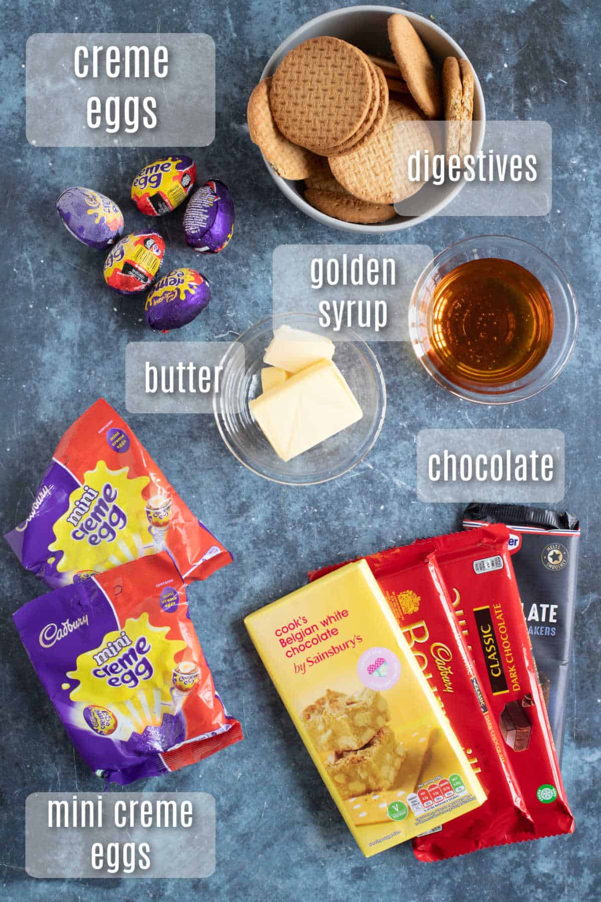 Ingredients for the creme egg tiffin.