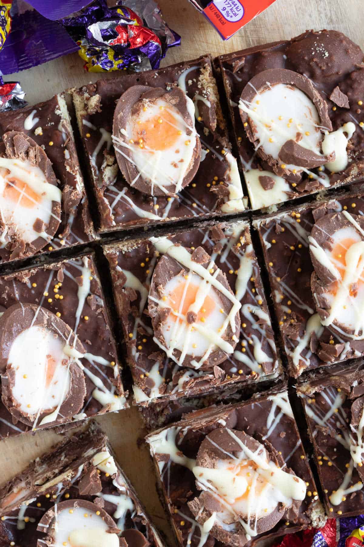 Sliced cream egg tiffin bars.