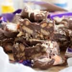 Creme egg tiffin cut into bars.