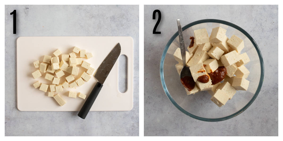 Cutting a tofu block into cubes and adding seasoning - process shots.