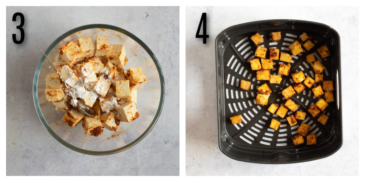 Tofu cubes in an air fryer basket.