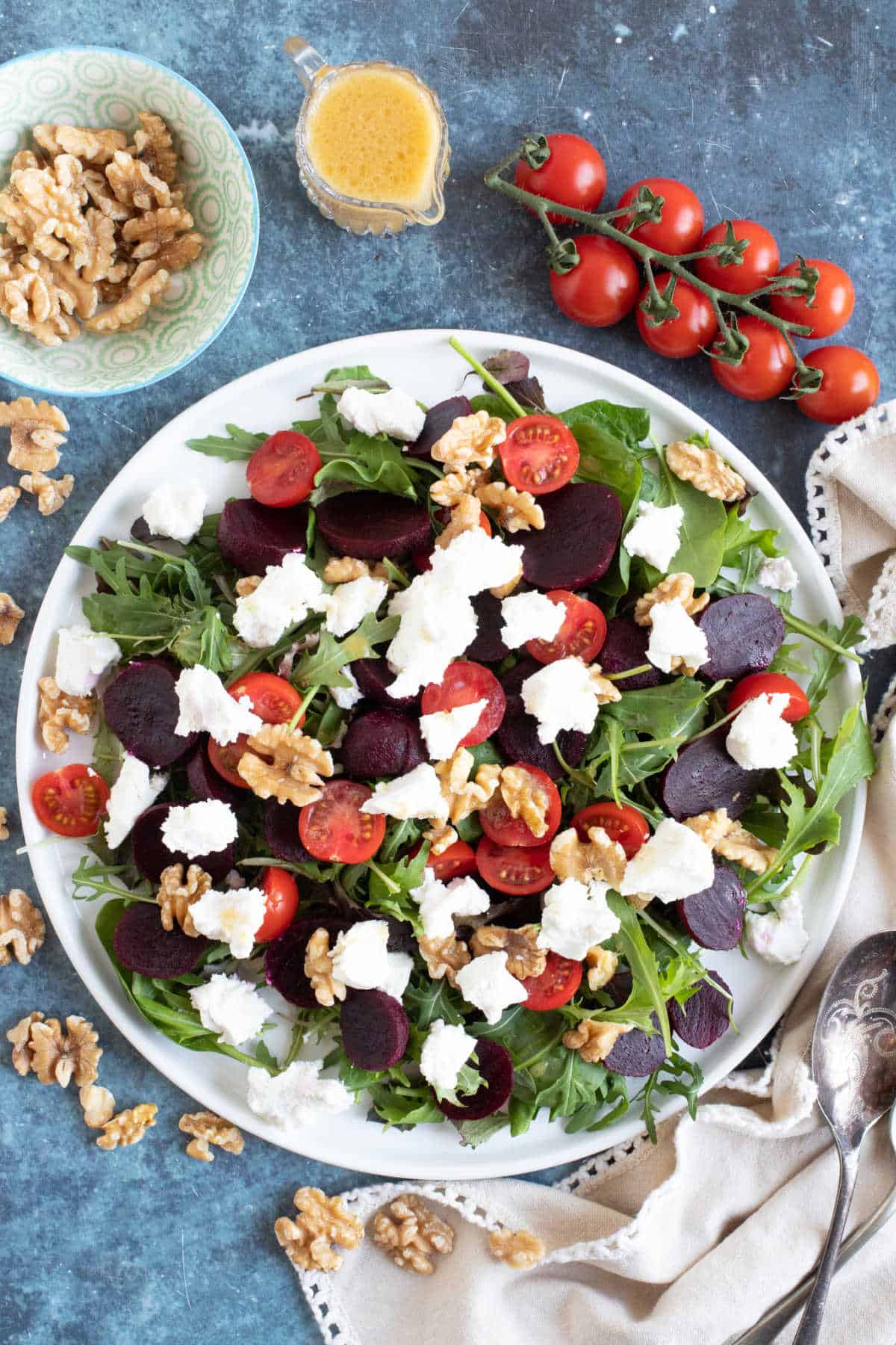 Goats cheese and beetroot salad with toasted walnuts.