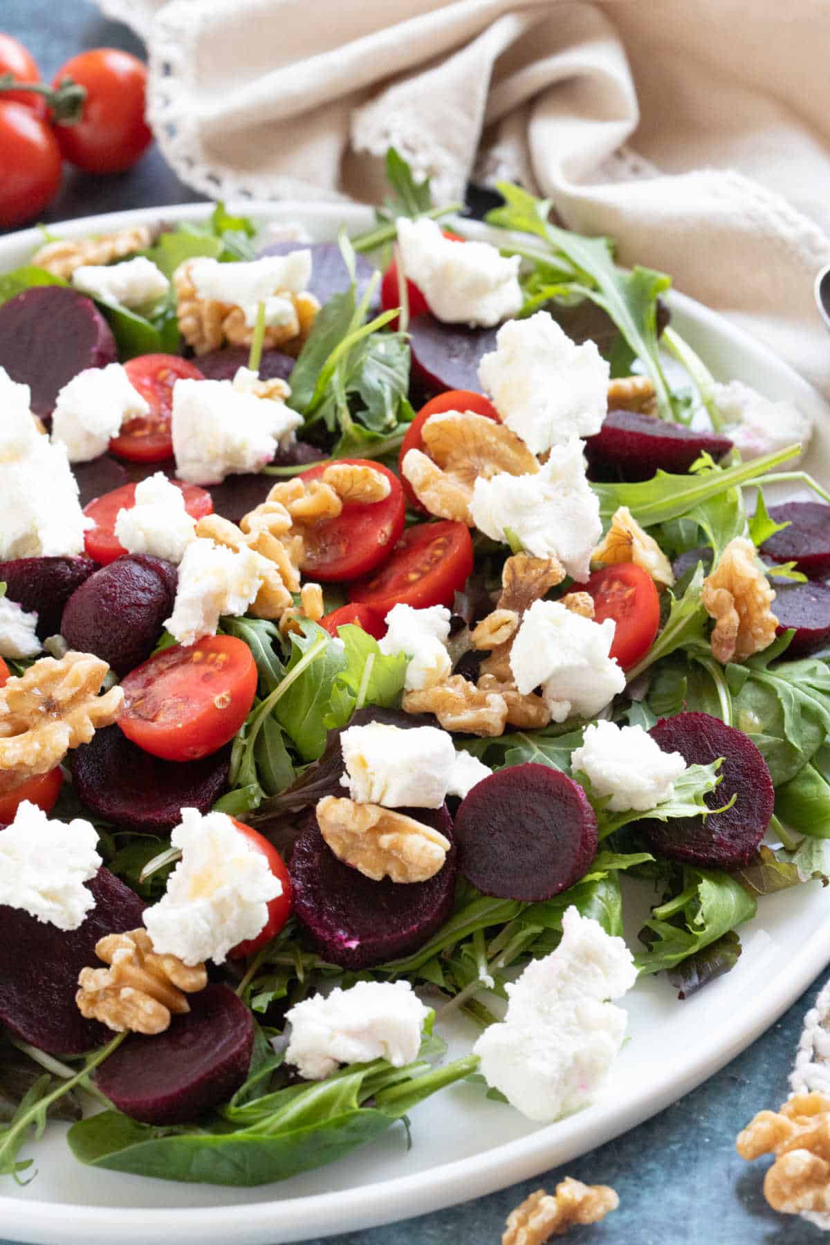 Goats Cheese and Beetroot Salad on a white platter.