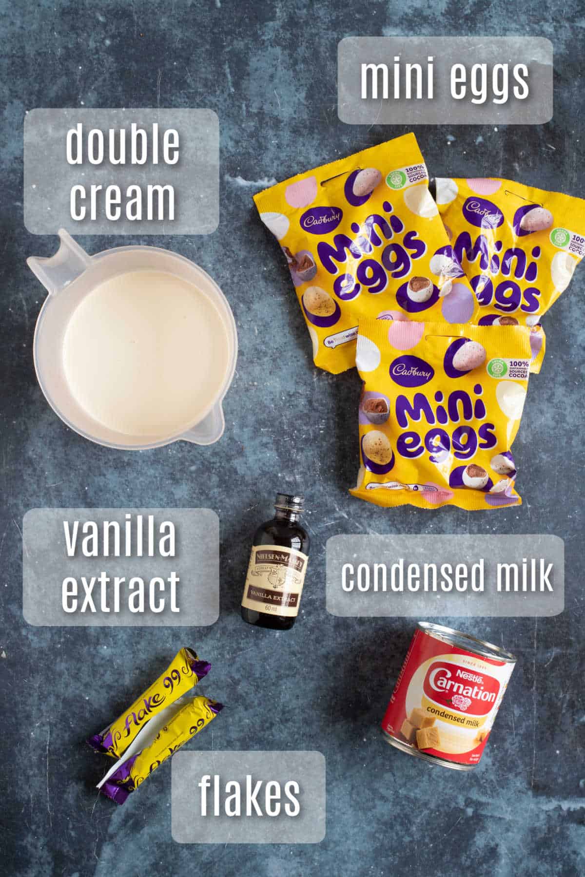 Ingredients needed to make mini egg ice cream.