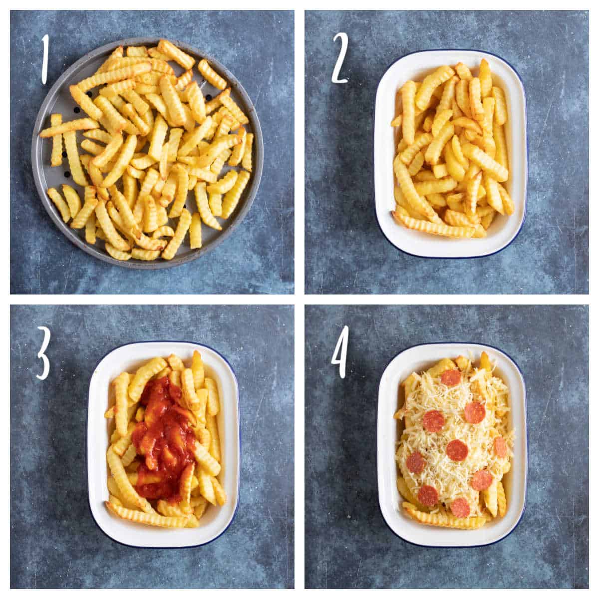 Step by step photo instructions for making pizza fries.