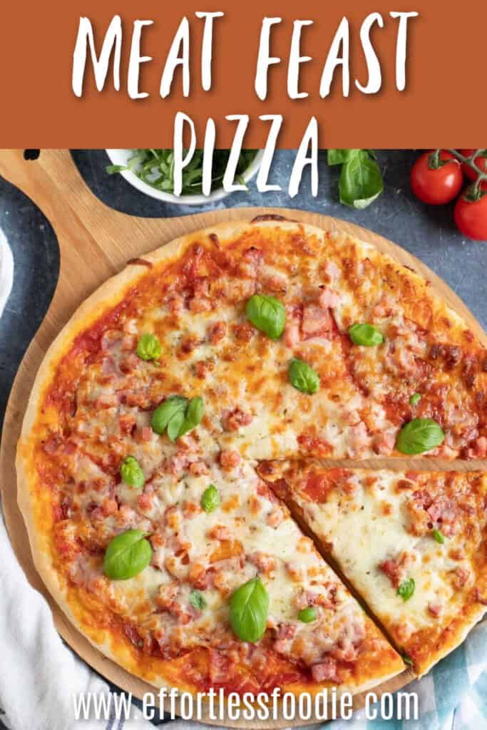 Meat feast pizza pin image.