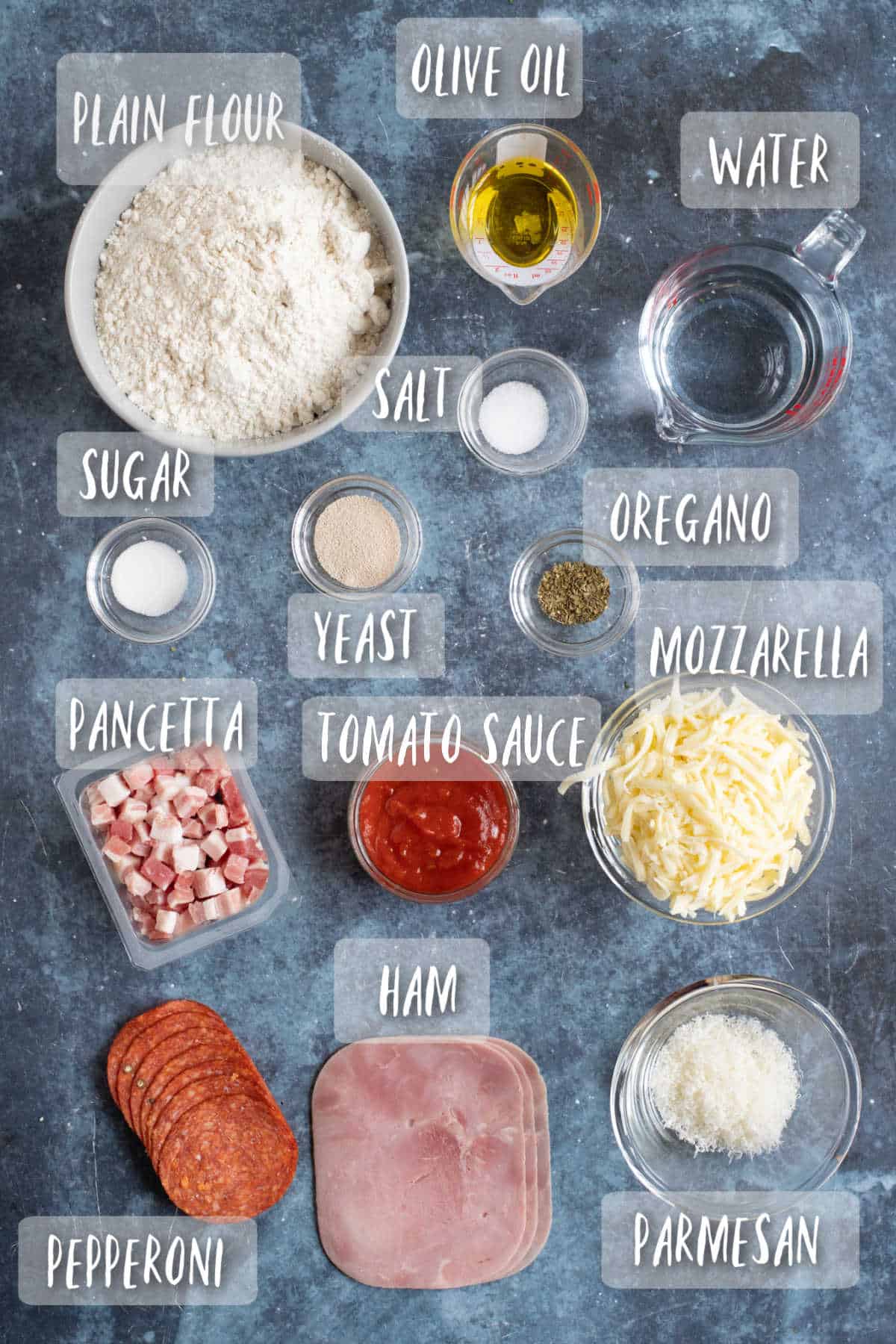 Ingredients for meat lovers pizza.