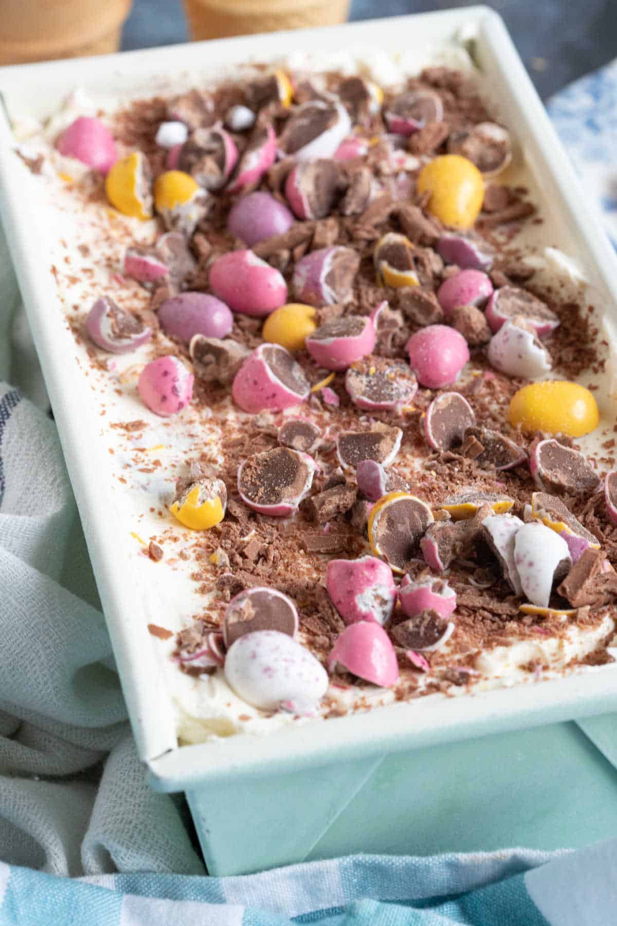 Mini egg ice cream in a loaf tin.