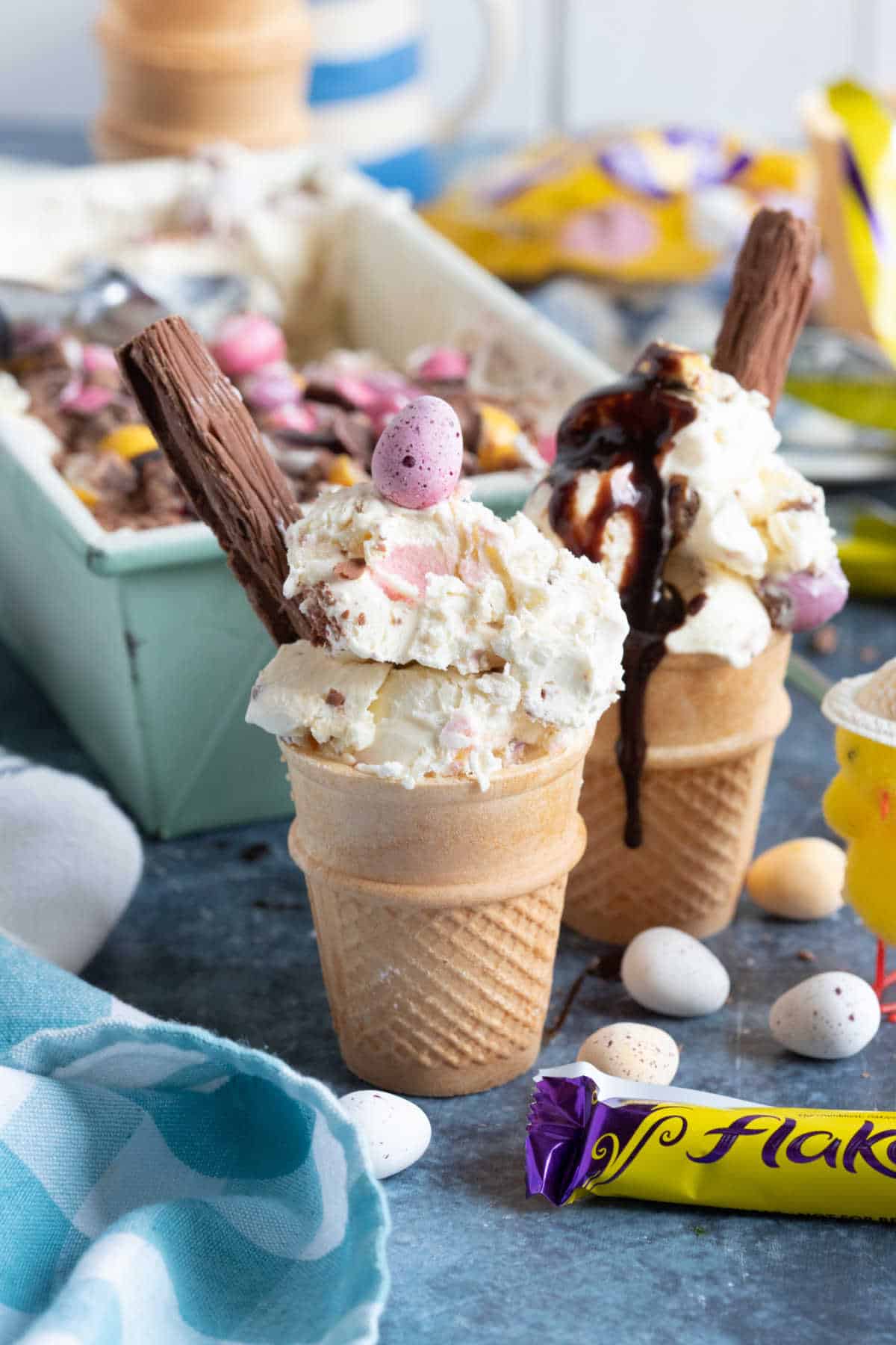 Mini egg ice cream in a cone.