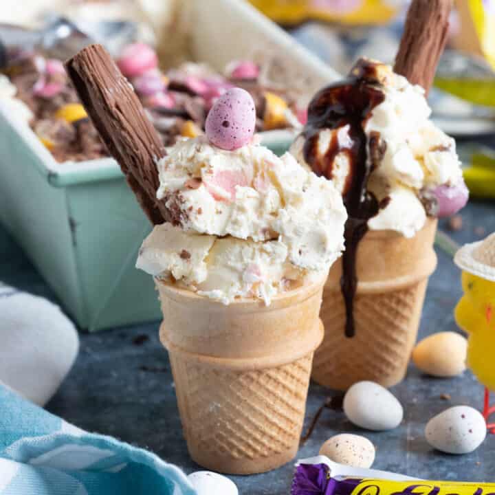 Mini egg ice cream in a cone.