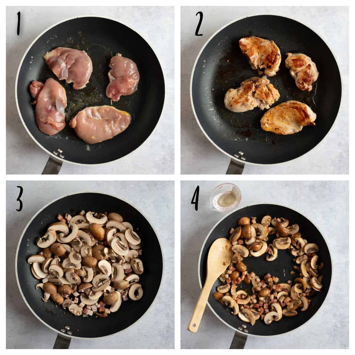 Pheasant breasts in a frying pan.