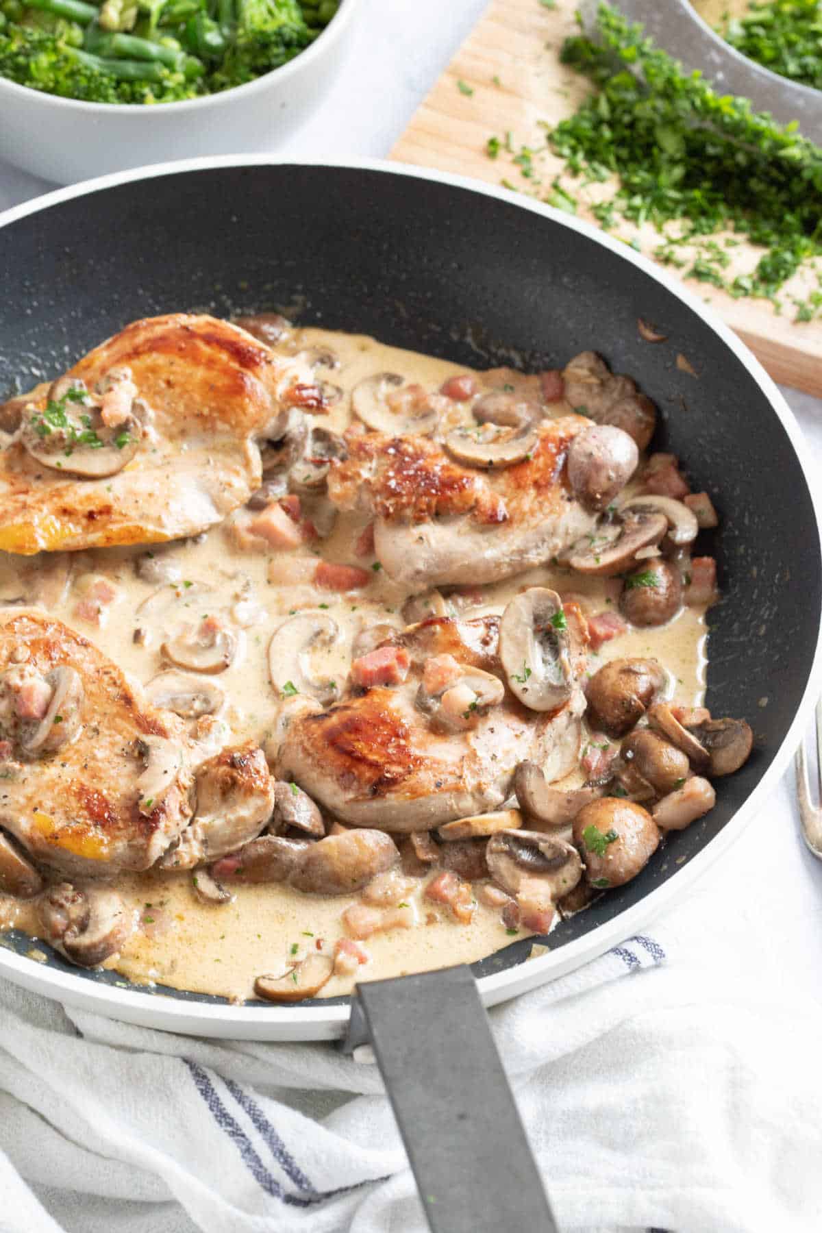 Pan fried pheasant breasts in a creamy mushroom sauce.