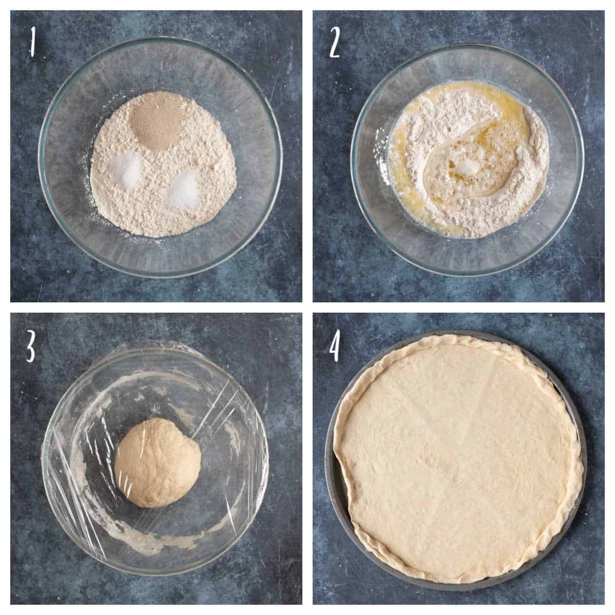 Step by step pizza dough collage.