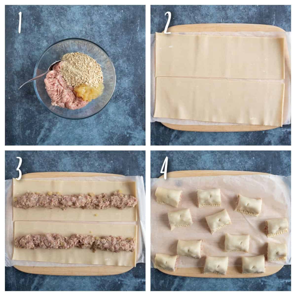Step by step photo instructions for assembling the sausage rolls.