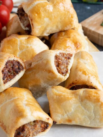 Shortcrust pastry sausage rolls.