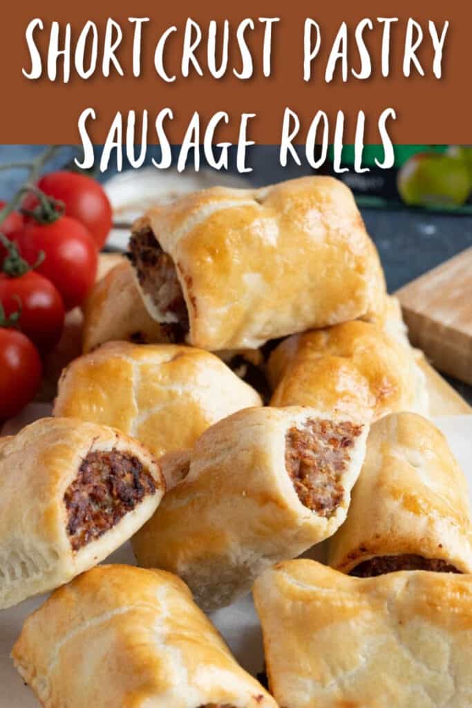 Shortcrust pastry sausage rolls pin image.