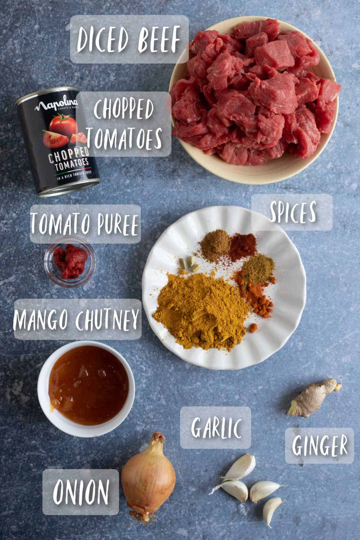 Ingredients to make spicy slow cooker beef curry.