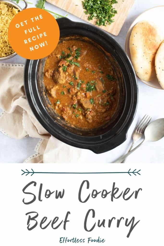 Slow cooker beef curry pin image.