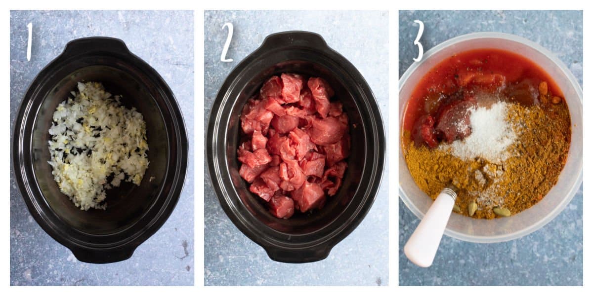 Making a beef curry in slow cooker step by step instruction photos.
