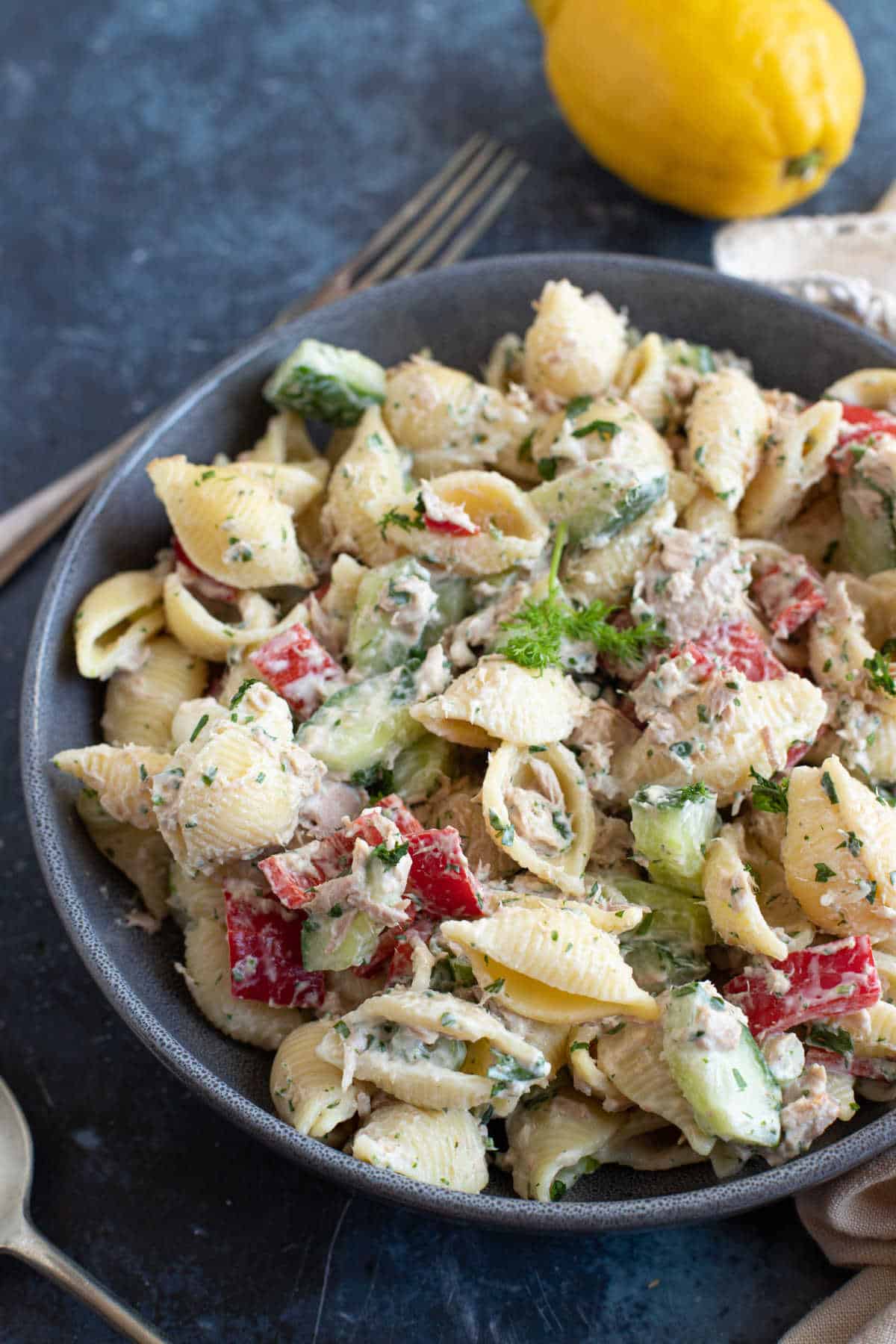 Tuna pasta salad in a bowl.