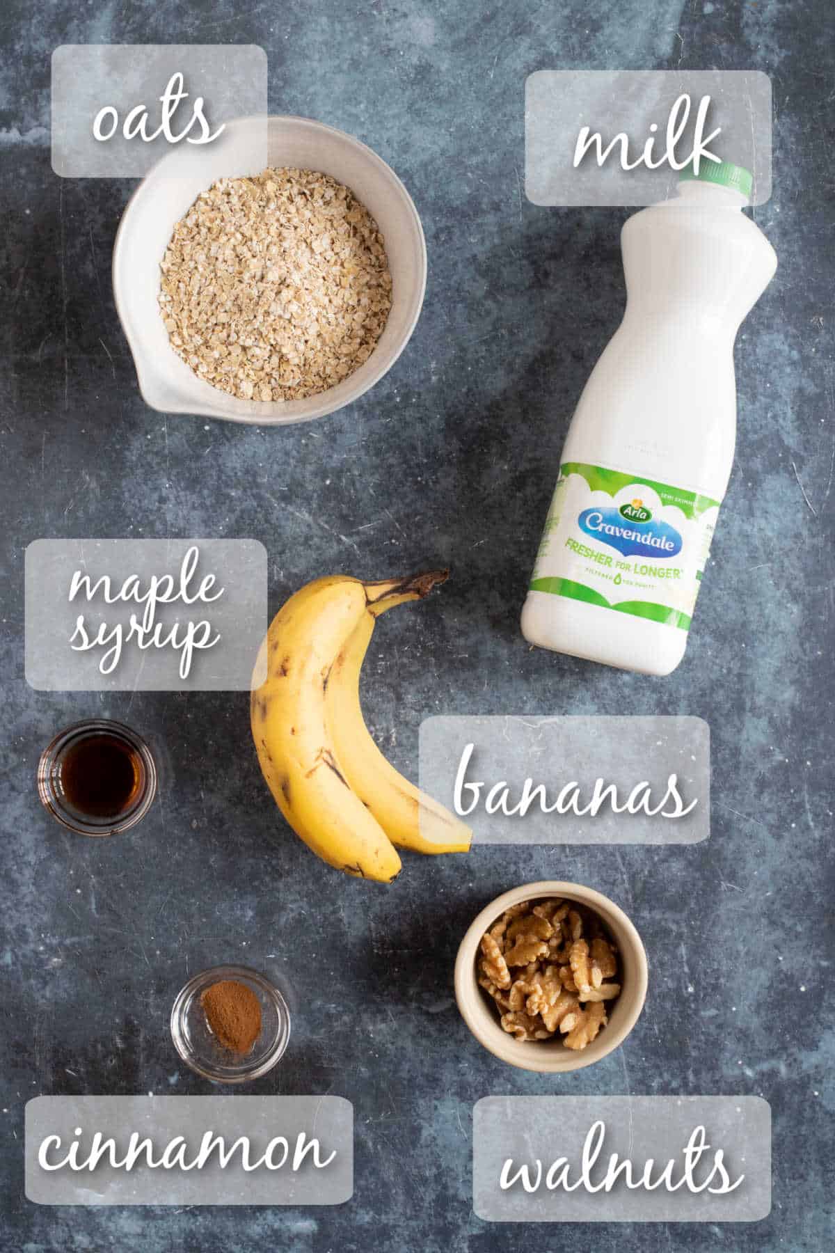 Ingredients for banana porridge including rolled oats and bananas.